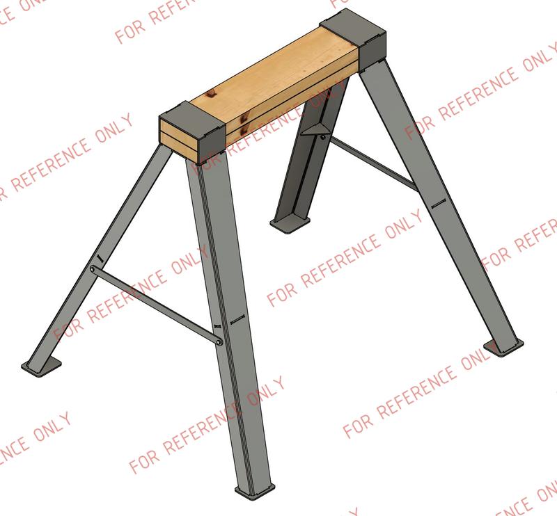 CAD model of a flat-pack weldment saw horse using tab & slot and bent steel.